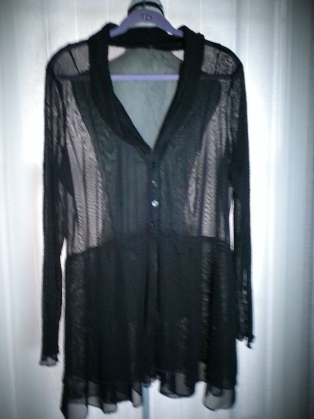BY JJ  Long Sleeve (4) Button-Up Black Mesh Tunic w/ (2) Layer Peplum Bottom M